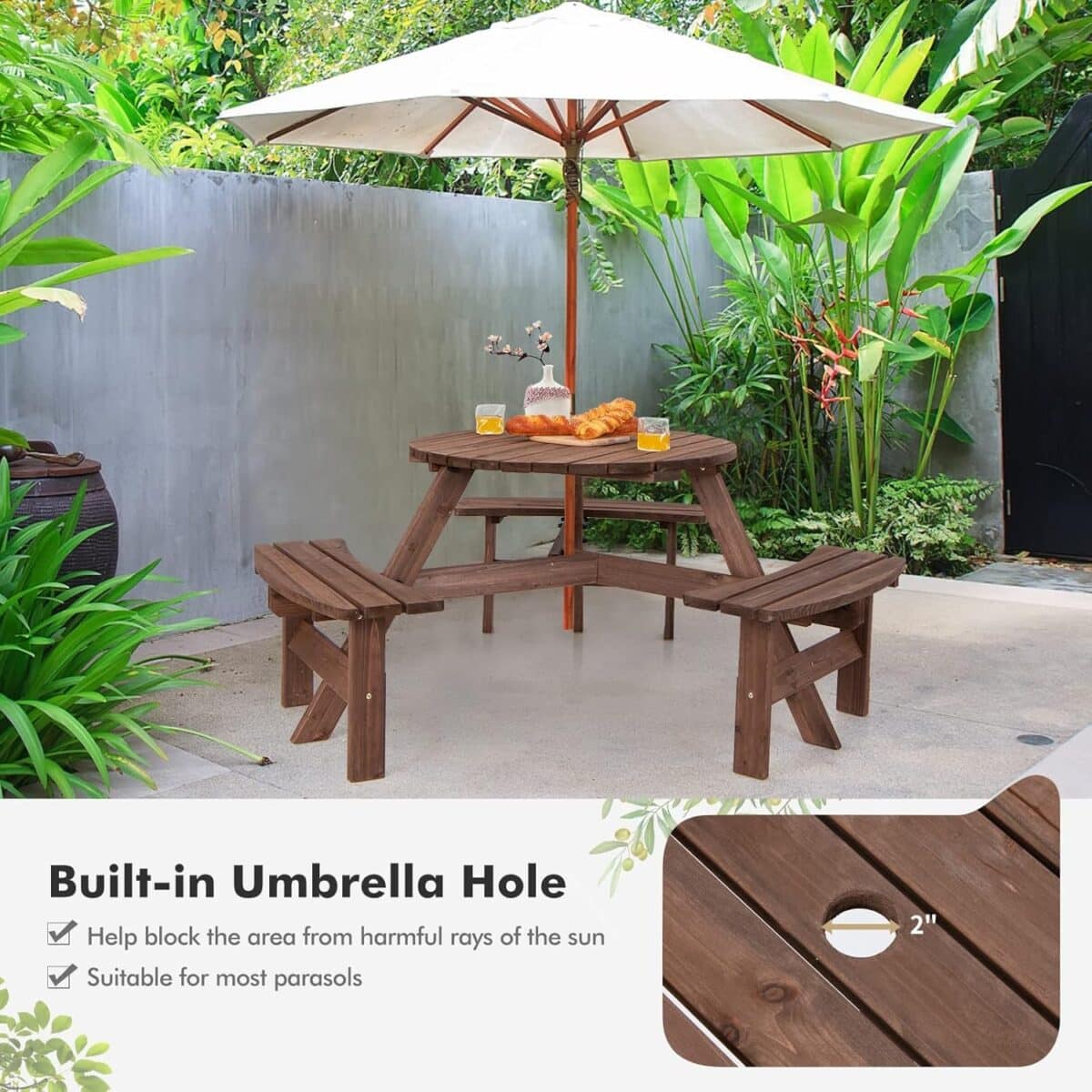 6 Person Wood Picnic Table, Outdoor Round Picnic Table with 3 Built-in Benches, Umbrella Hole