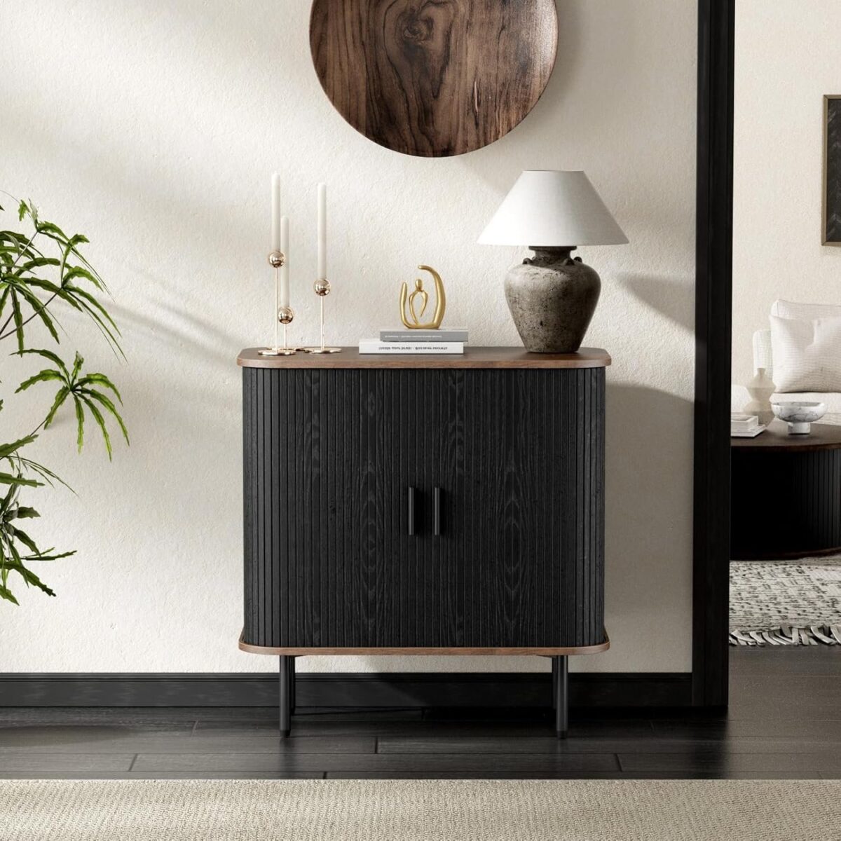 Black Buffet Sideboard Cabinet with Storage, Fluted Storage Cabinet Black with Curvy Edge &