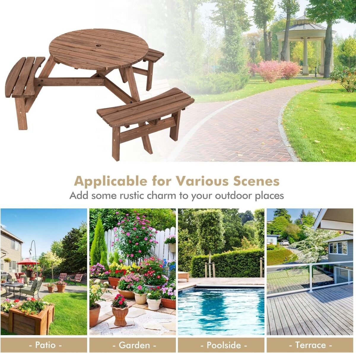 6 Person Wood Picnic Table, Outdoor Round Picnic Table with 3 Built-in Benches, Umbrella Hole