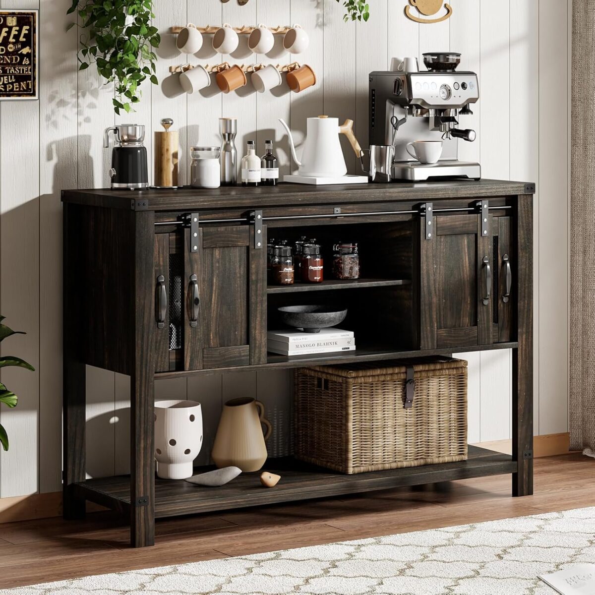 Farmhouse Coffee Bar Cabinet with 2 Sliding Barn Doors, Modern Buffet Sideboard Cabinet with Open Shelf