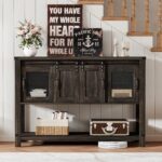 Farmhouse Coffee Bar Cabinet with 2 Sliding Barn Doors, Modern Buffet Sideboard Cabinet with Open Shelf