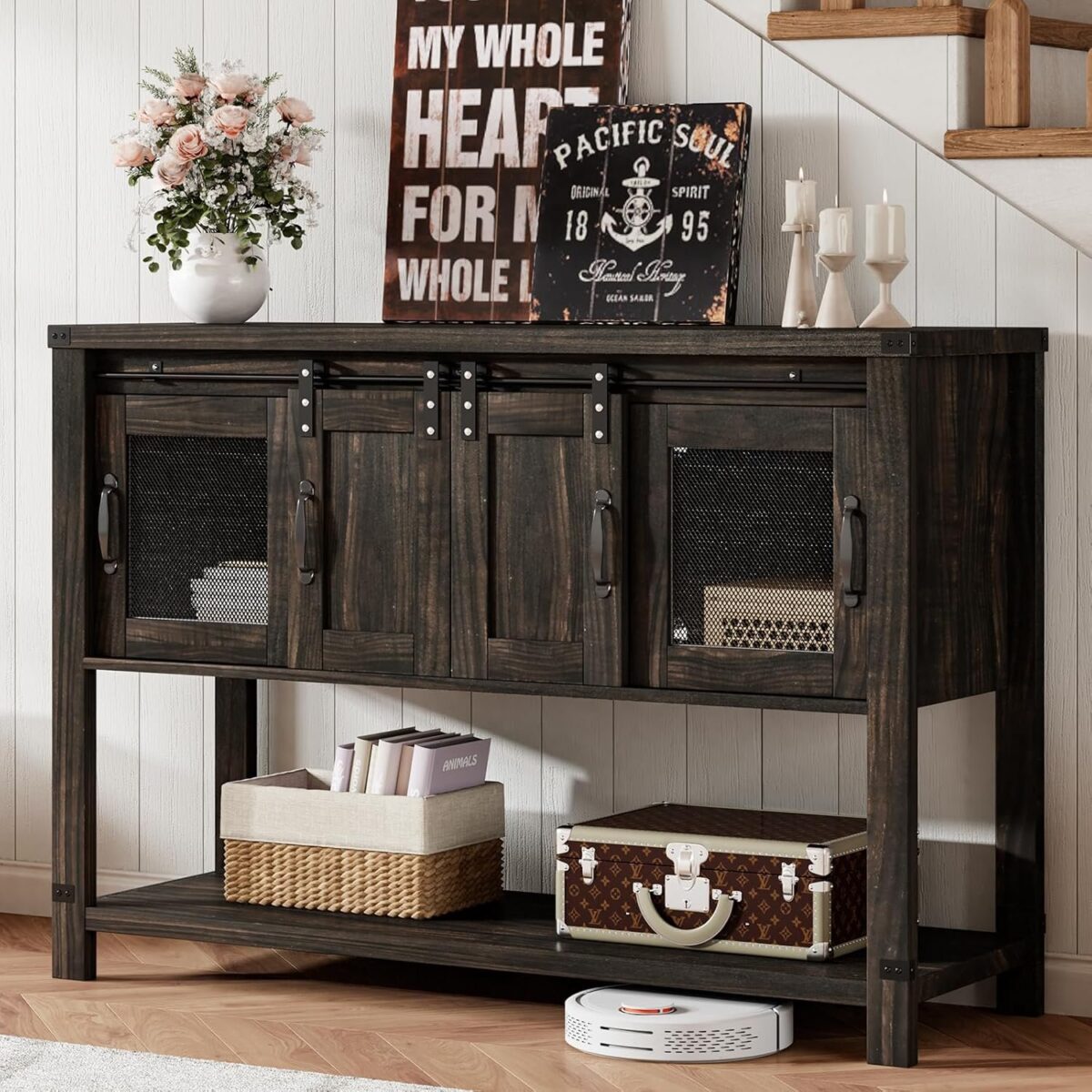 Farmhouse Coffee Bar Cabinet with 2 Sliding Barn Doors, Modern Buffet Sideboard Cabinet with Open Shelf