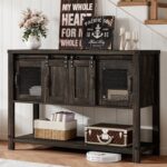 Farmhouse Coffee Bar Cabinet with 2 Sliding Barn Doors, Modern Buffet Sideboard Cabinet with Open Shelf