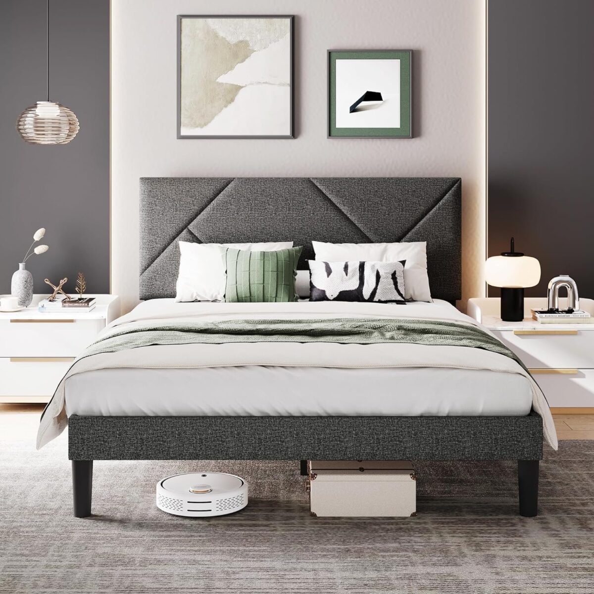 Full Size Bed Frame with Adjustable Headboard, Linen Upholstered Bed Frame Full with Solid Wooden Slats Support