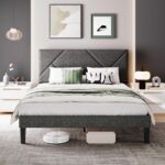 Full Size Bed Frame with Adjustable Headboard, Linen Upholstered Bed Frame Full with Solid Wooden Slats Support