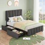 Twin Size Bed Frame with Adjustable Headboard and 2 Storage Drawers, Upholstered Platform Bed Frame