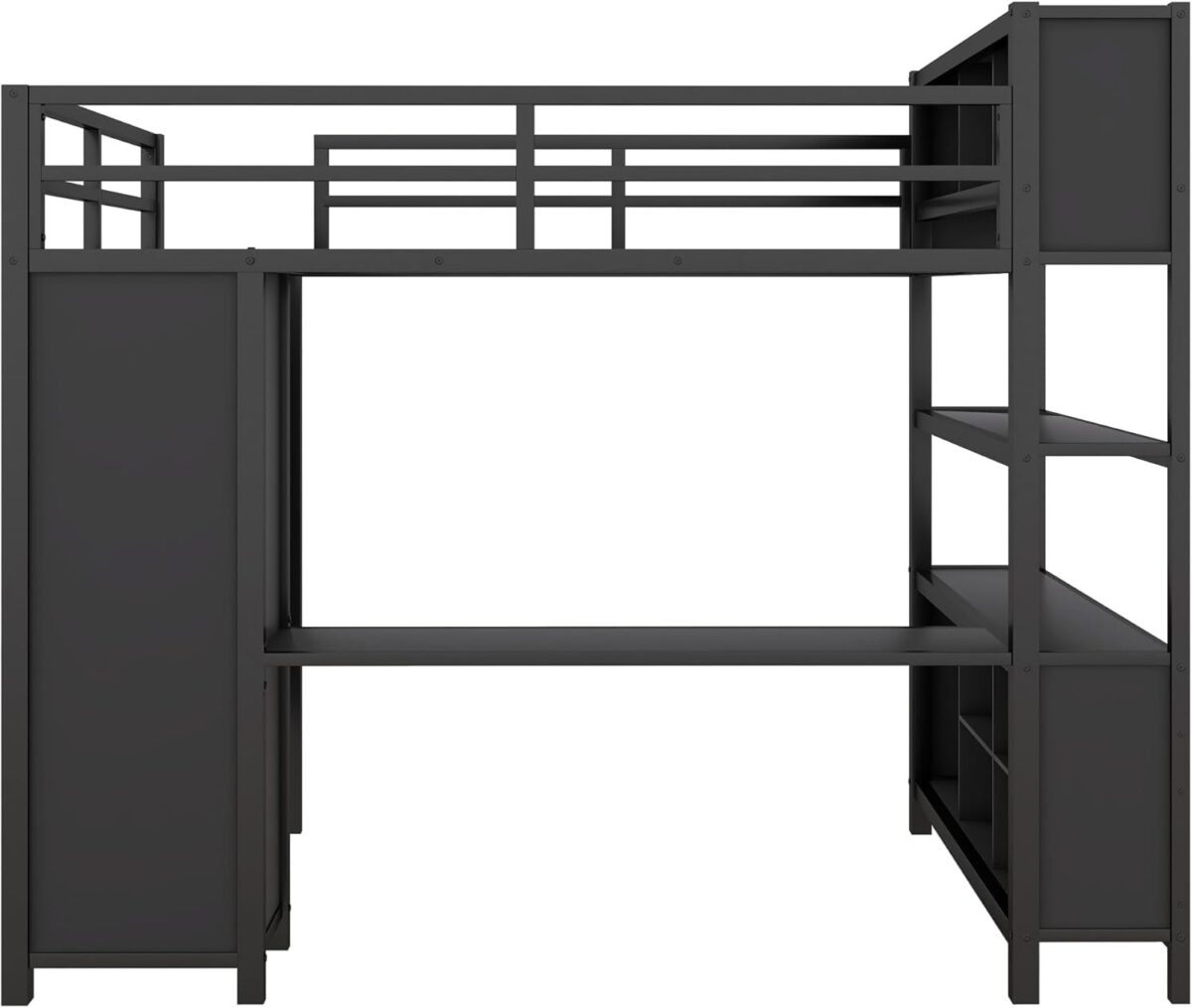 Full Size Metal Loft Bed with Wardrobe and L-Shaped Desk, Heavy Duty Loft Bed