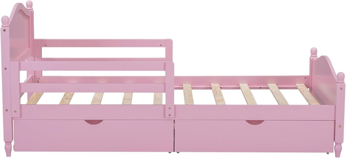 Kids Twin Bed Frame with Storage Drawers and Rails, Wood Platform Beds with Headboard and Footboard, Pink Princess Bed