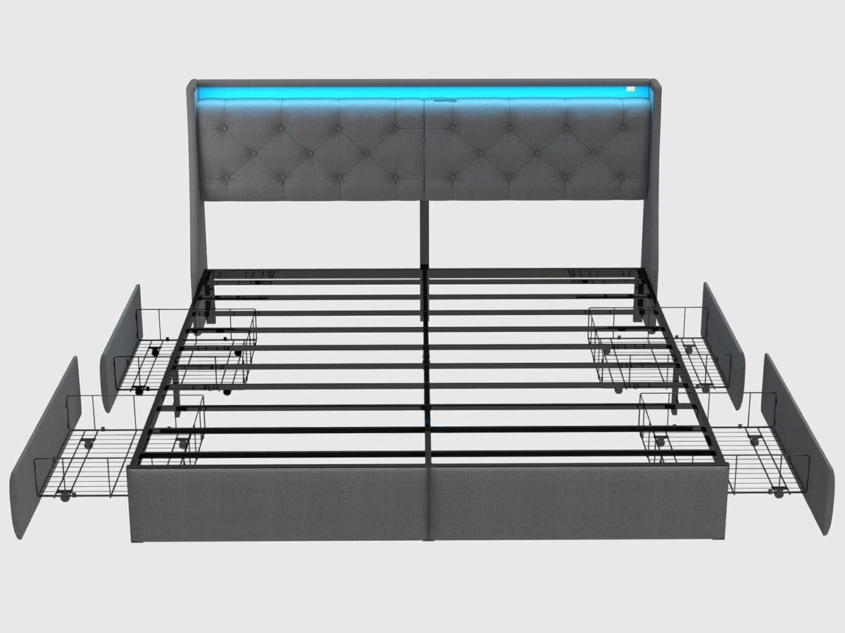 King Size Bed Frame with Storage Headboard, Metal Platform Bed Frame King with 4 Drawer, LED Light, Charging Station