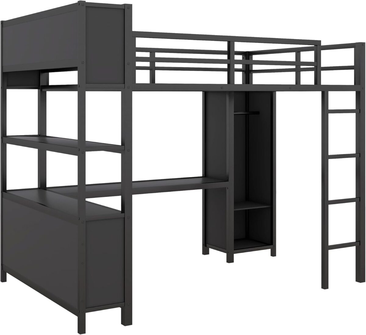 Full Size Metal Loft Bed with Wardrobe and L-Shaped Desk, Heavy Duty Loft Bed