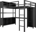 Full Size Metal Loft Bed with Wardrobe and L-Shaped Desk, Heavy Duty Loft Bed