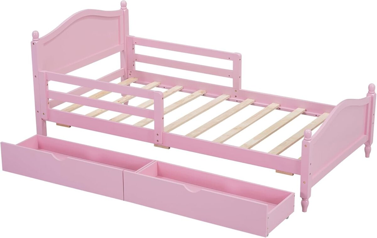 Kids Twin Bed Frame with Storage Drawers and Rails, Wood Platform Beds with Headboard and Footboard, Pink Princess Bed