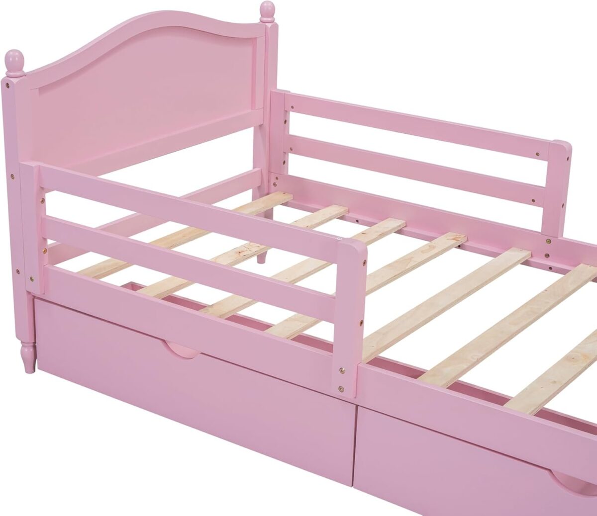 Kids Twin Bed Frame with Storage Drawers and Rails, Wood Platform Beds with Headboard and Footboard, Pink Princess Bed