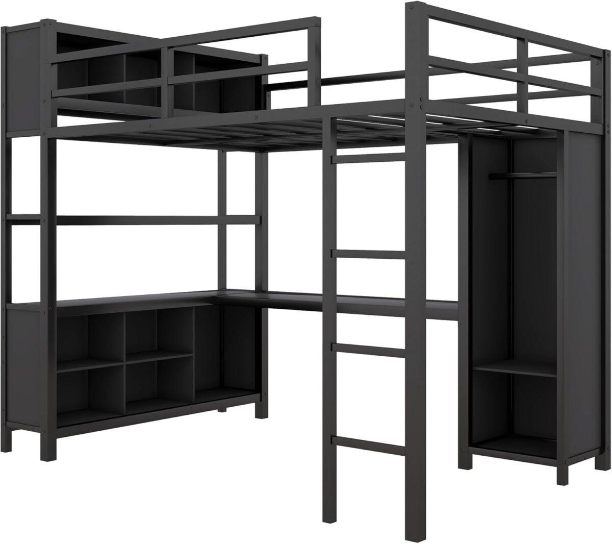 Full Size Metal Loft Bed with Wardrobe and L-Shaped Desk, Heavy Duty Loft Bed