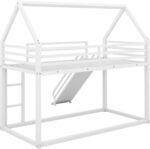 Twin Over Twin Metal Bunk Bed with Slide and Roof Design for Kids,Girls, Boys,House Shaped Bunk Bed Frame