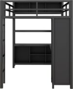 Full Size Metal Loft Bed with Wardrobe and L-Shaped Desk, Heavy Duty Loft Bed