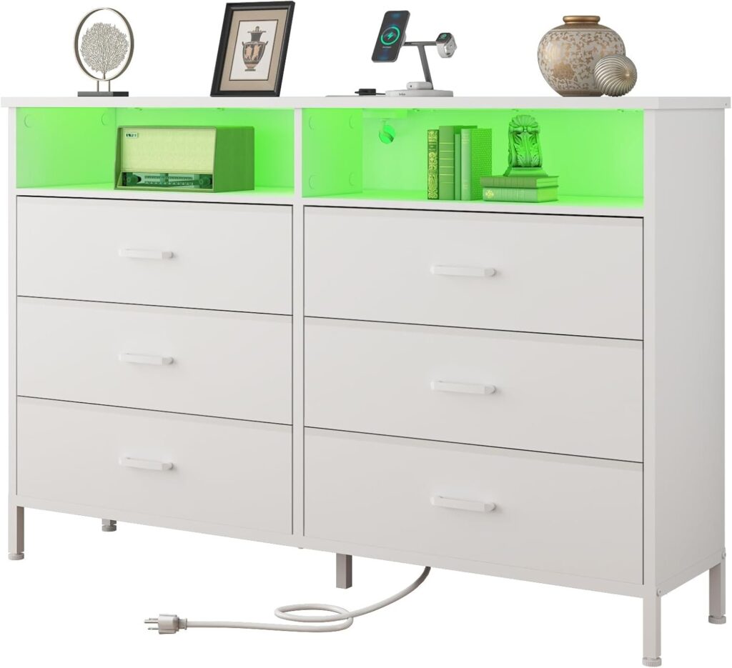 Dresser for bedroom, White Bedroom Dresser with LED Lights and Charging Station, 6 Long Drawers Dresser