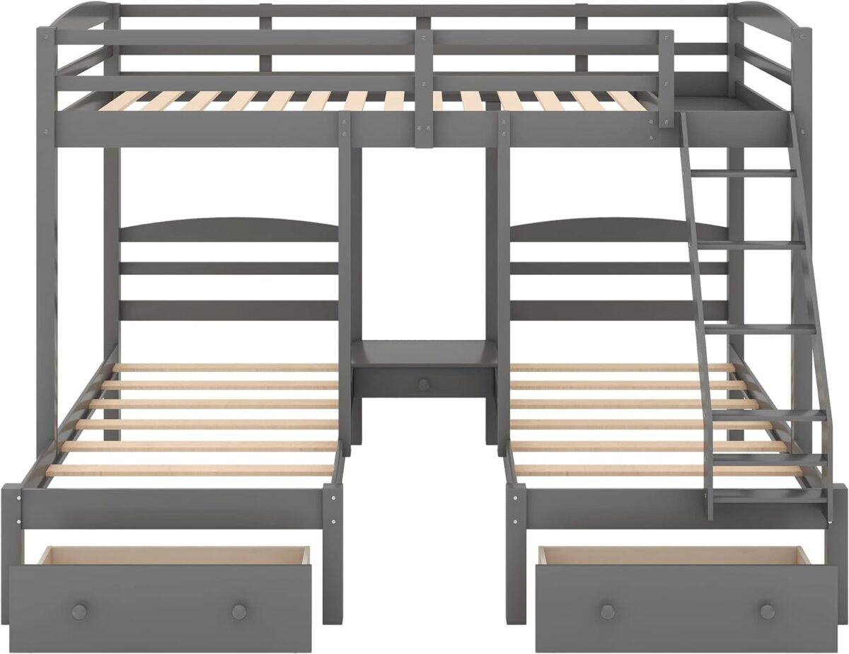 Full Over Twin & Twin Bunk Bed Kids & Teens, Wooden Triple Bunk Bedframe with Desk & Two Storage Drawer