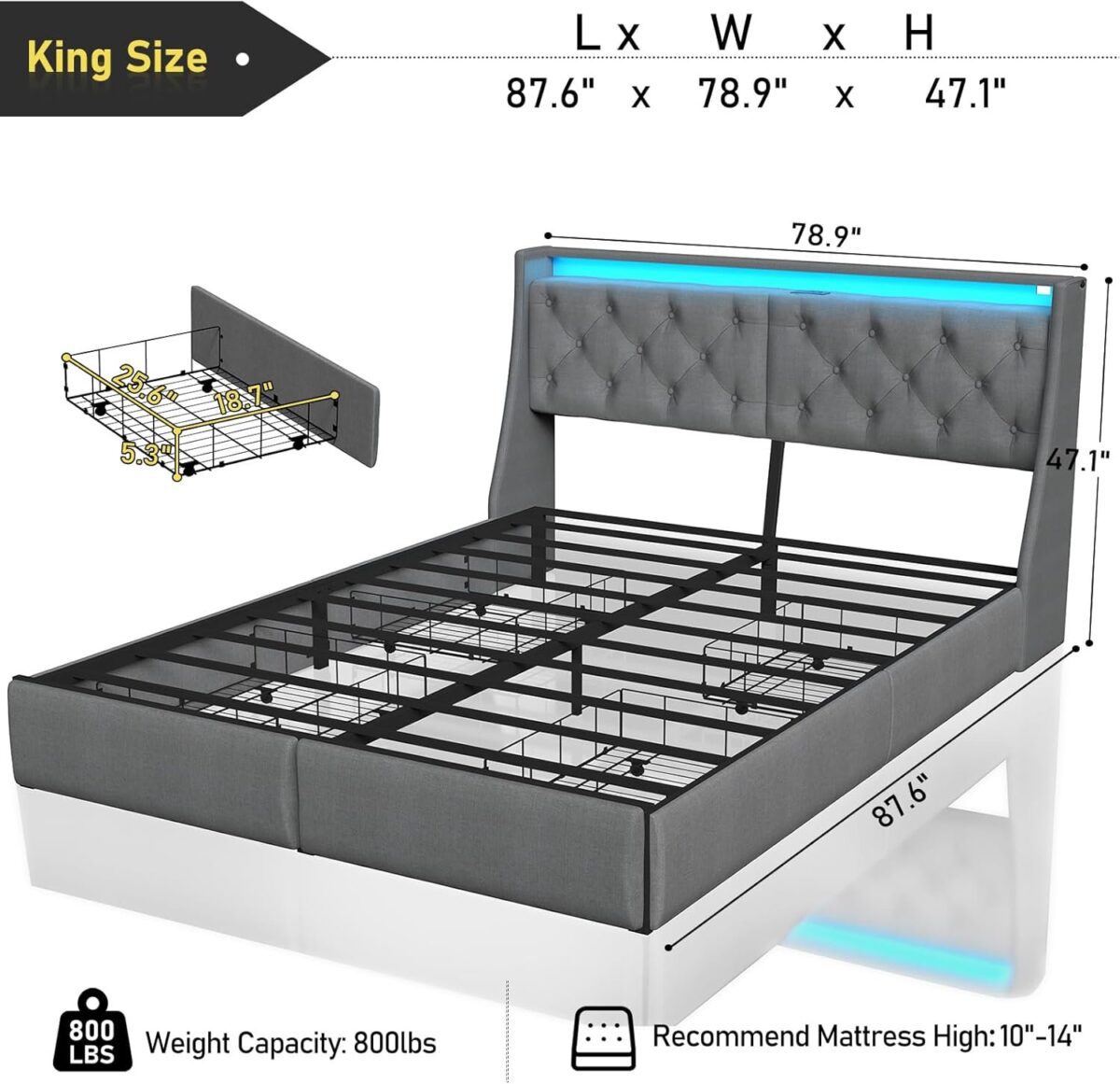 King Size Bed Frame with Storage Headboard, Metal Platform Bed Frame King with 4 Drawer, LED Light, Charging Station