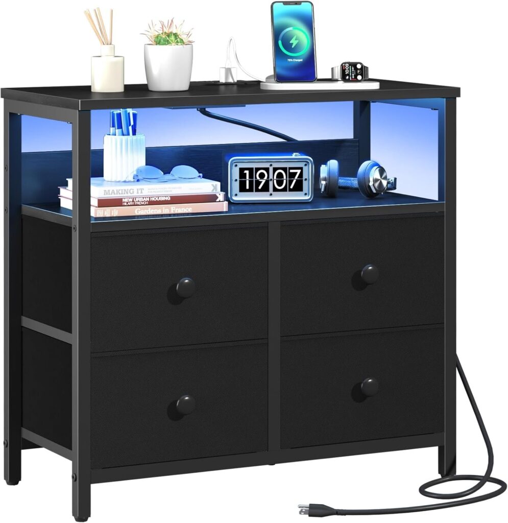 Night Stand with Charge Station, Nightstand with 4 Drawers Bedside Table, LED Dresser with Storage Shelf, Night Stands for Bedroom