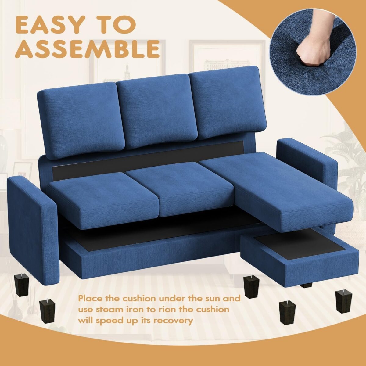Convertible Sectional Sofa Couch, L-Shaped 3 Seat with Linen Fabric and Movable Ottoman, for Small Apartments