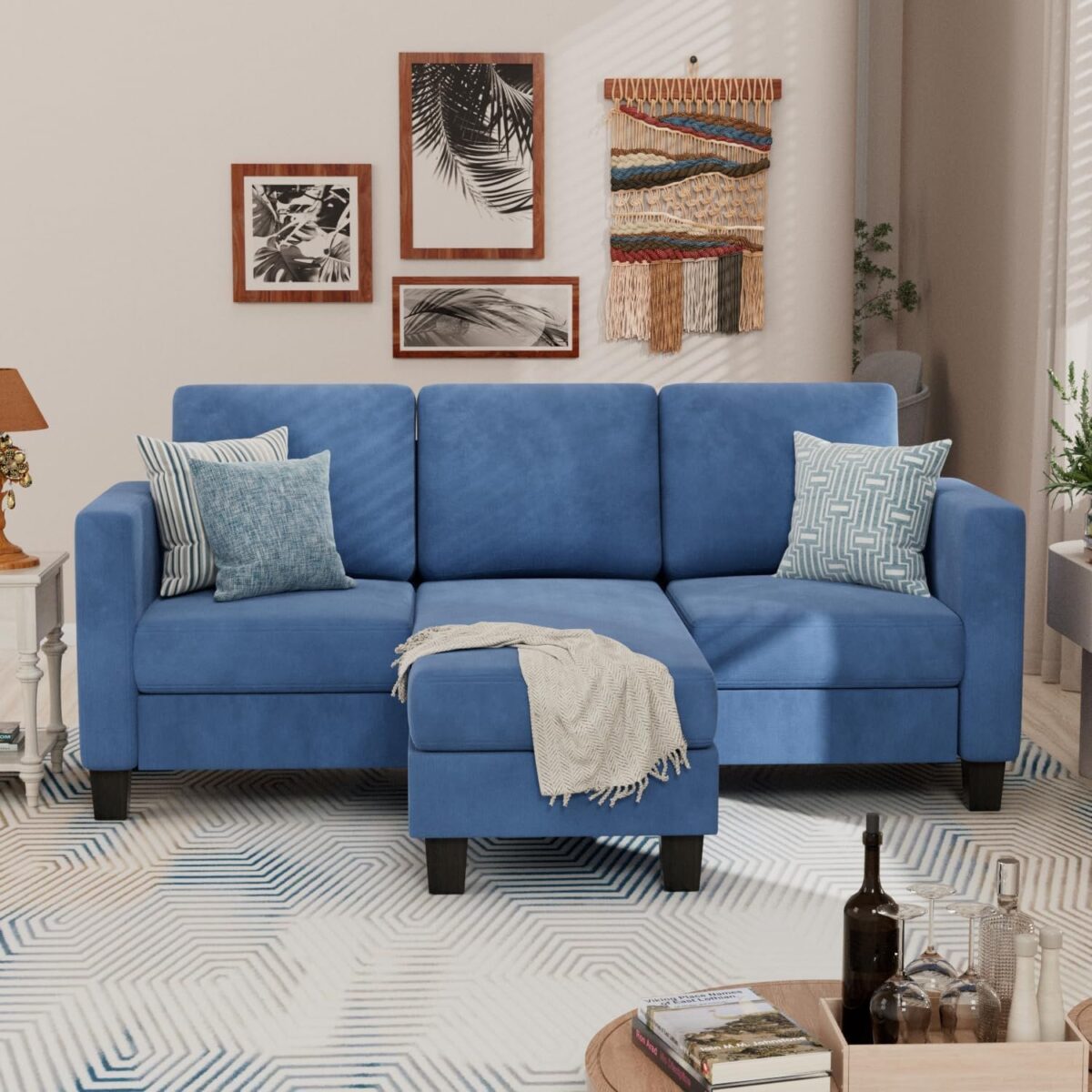 Convertible Sectional Sofa Couch, L-Shaped 3 Seat with Linen Fabric and Movable Ottoman, for Small Apartments