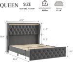 Queen Bed Frame with LED Lights Charging Station, Tall Upholstered Bed Frame with Wingback Headboard