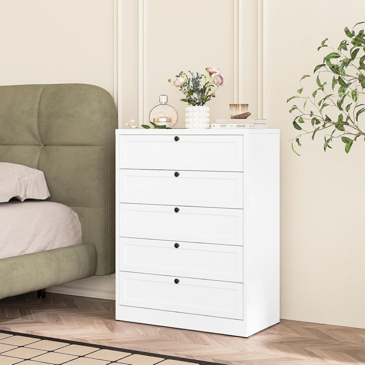 5 Drawer Dresser, White Tall Dresser, 73" H Modern Storage Chest of Drawers, Metal Storage Organizer Cabinet