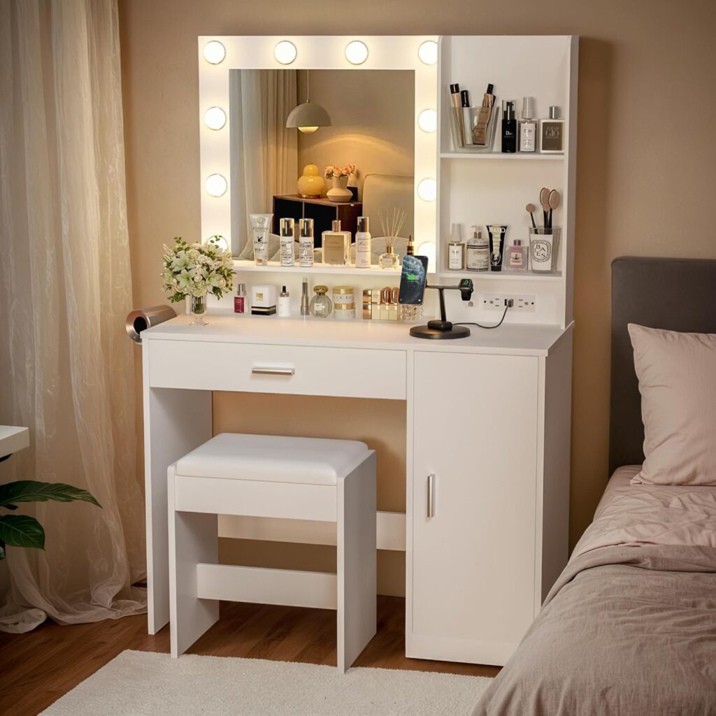 Vanity Desk with LED Lighted Mirror, Makeup Table with Hairdryer Holder and Power Outlet, Dresser with Drawer and Cabinets