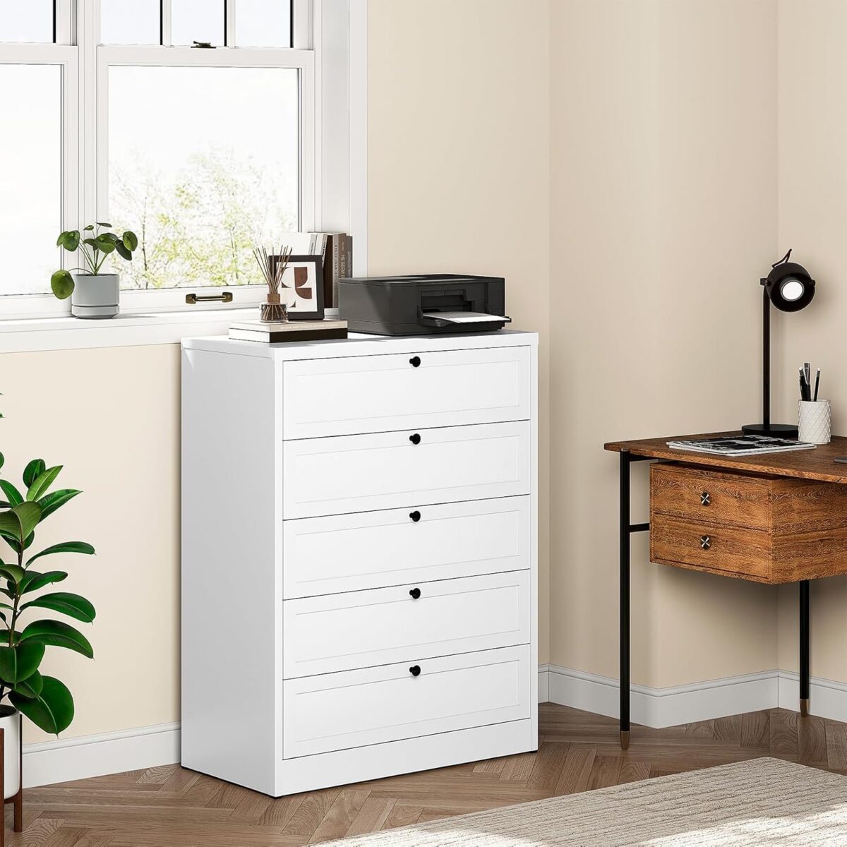 5 Drawer Dresser, White Tall Dresser, 73" H Modern Storage Chest of Drawers, Metal Storage Organizer Cabinet