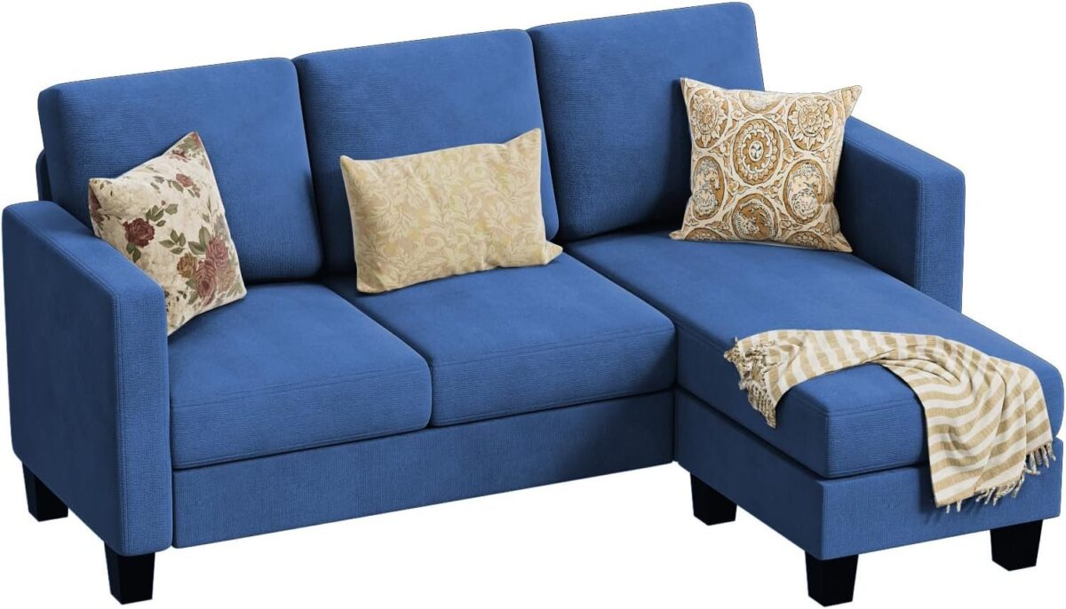 Convertible Sectional Sofa Couch, L-Shaped 3 Seat with Linen Fabric and Movable Ottoman, for Small Apartments