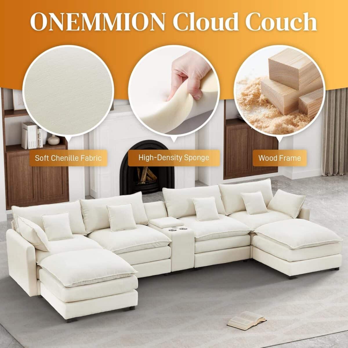 145" U Shaped Cloud Couch Sectional for Living Room, Oversized Modern Modular Sofa with Movable Ottoman