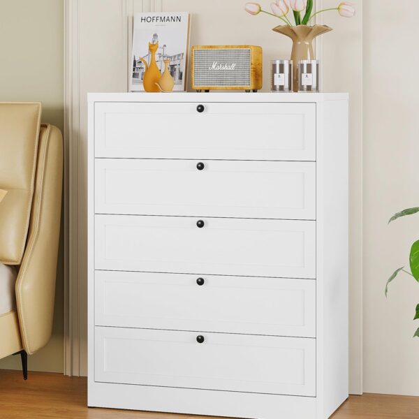 5 Drawer Dresser, White Tall Dresser, 73" H Modern Storage Chest of Drawers, Metal Storage Organizer Cabinet