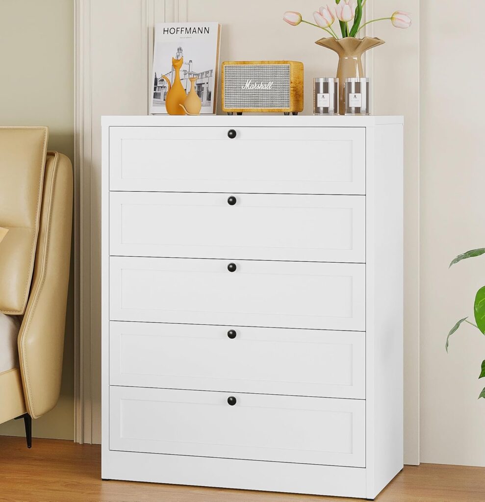 5 Drawer Dresser, White Tall Dresser, 73" H Modern Storage Chest of Drawers, Metal Storage Organizer Cabinet