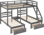 Full Over Twin & Twin Bunk Bed Kids & Teens, Wooden Triple Bunk Bedframe with Desk & Two Storage Drawer