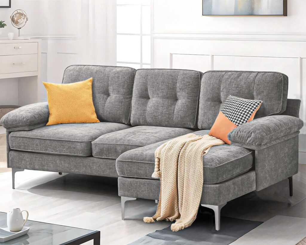 83" Grey Sectional Couch w/Chaise, Chenille Small Convertible L Shaped Sofa Couch, Mid-Modern Century 3 seat