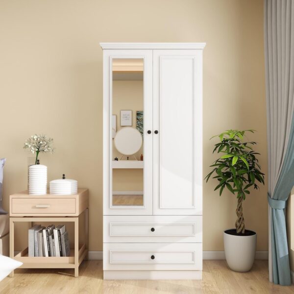 Armoire Wardrobe Closet with Mirrors, 2 Doors with Drawers, Bedroom Armoire Wardrobe Closet with Hanging Rod