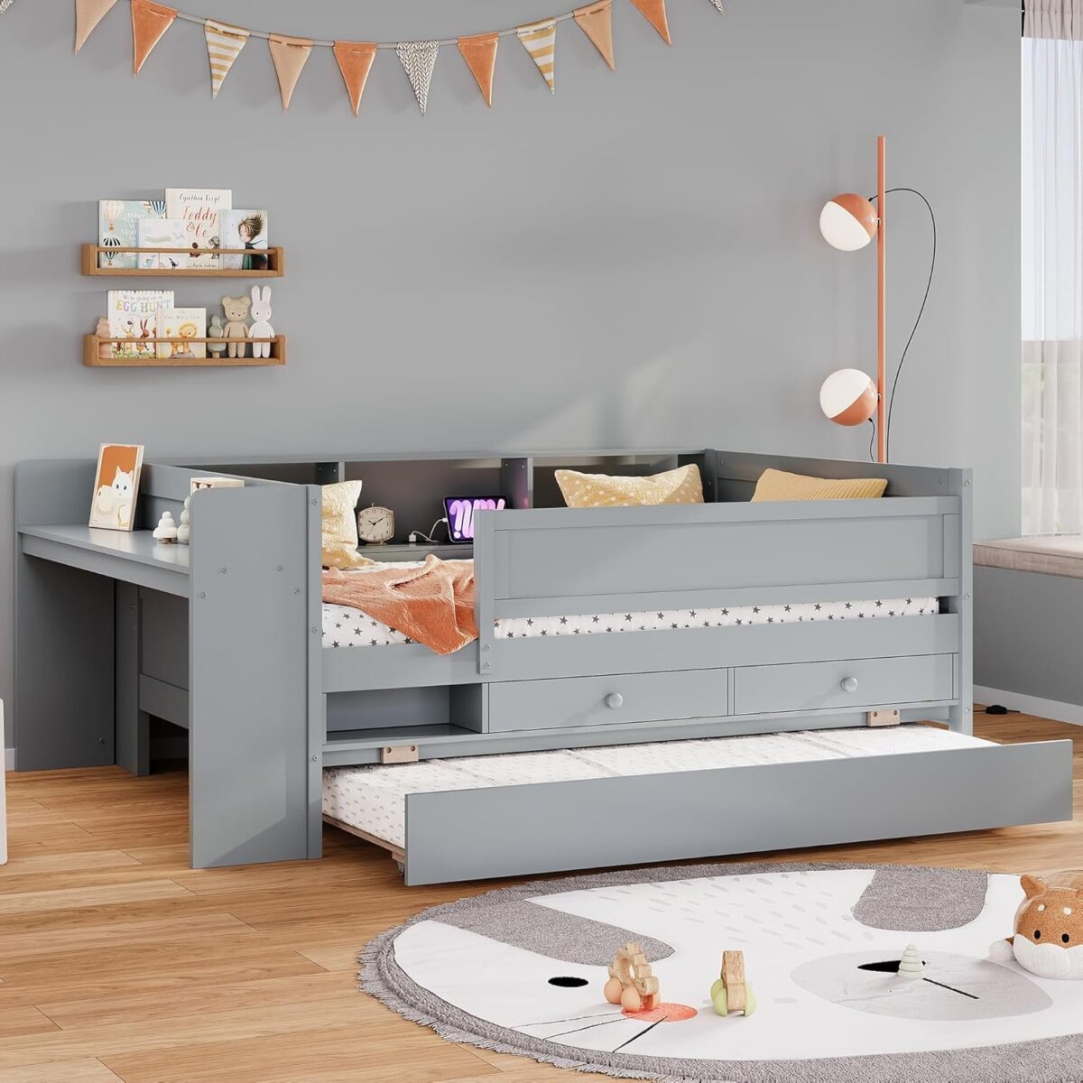 Twin Daybed with Trundle, Bookcase Headboard Storage and Desk, USB Charging Station, Wood Twin Bed Frame for Kids, Teens