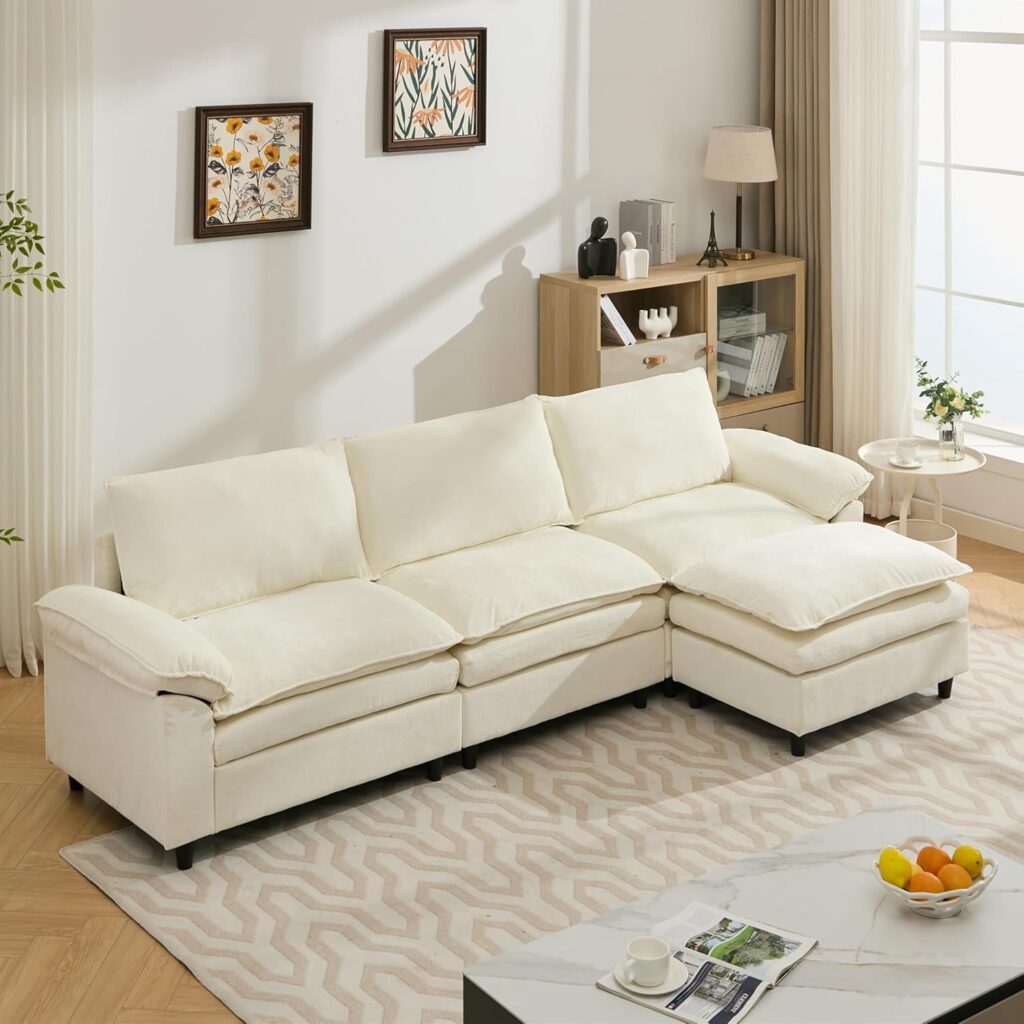 3 Seater Sofa Couch with Ottoman,Modular Sectional L-Shaped Sofa with Pillowed Arms