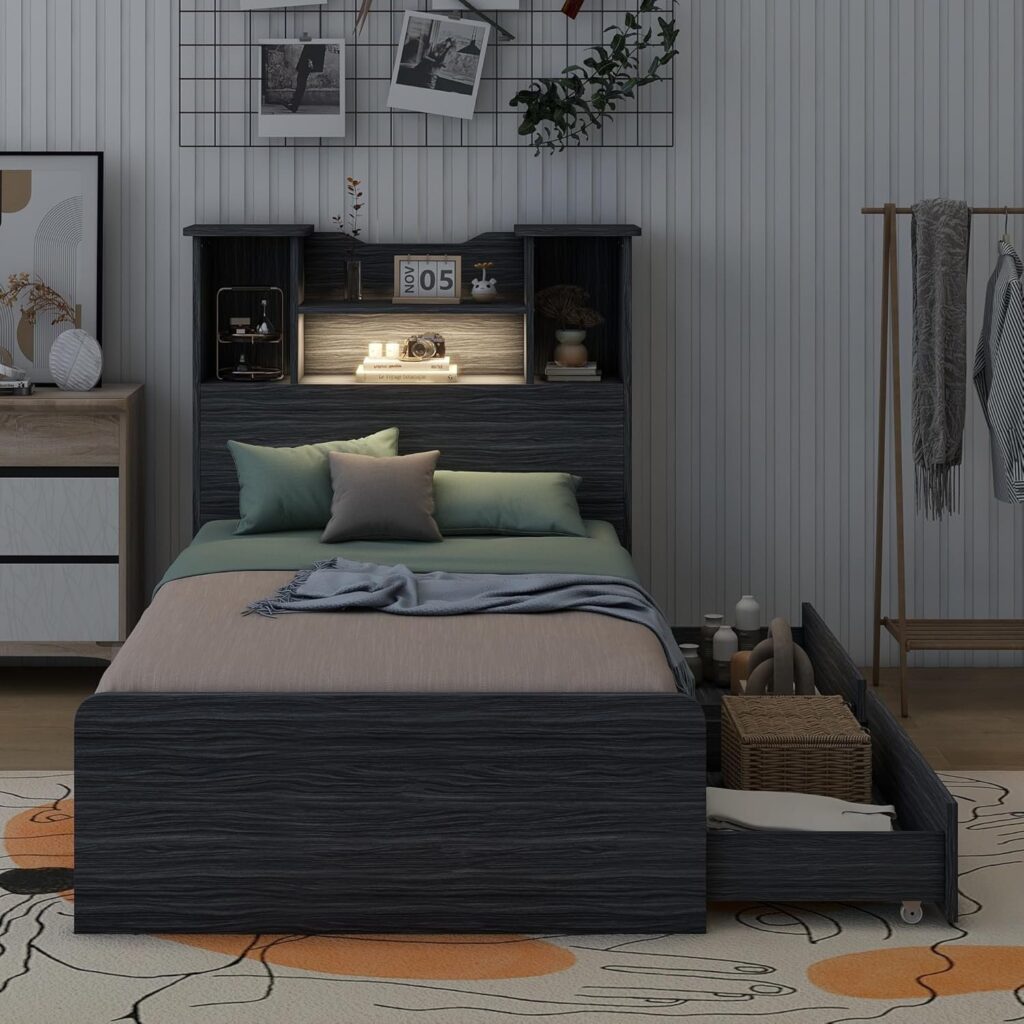 Twin Size Bed Frame with 2 Storage Drawers, Wood Platform Bed with 4 Open Storage Shelves and LED Light