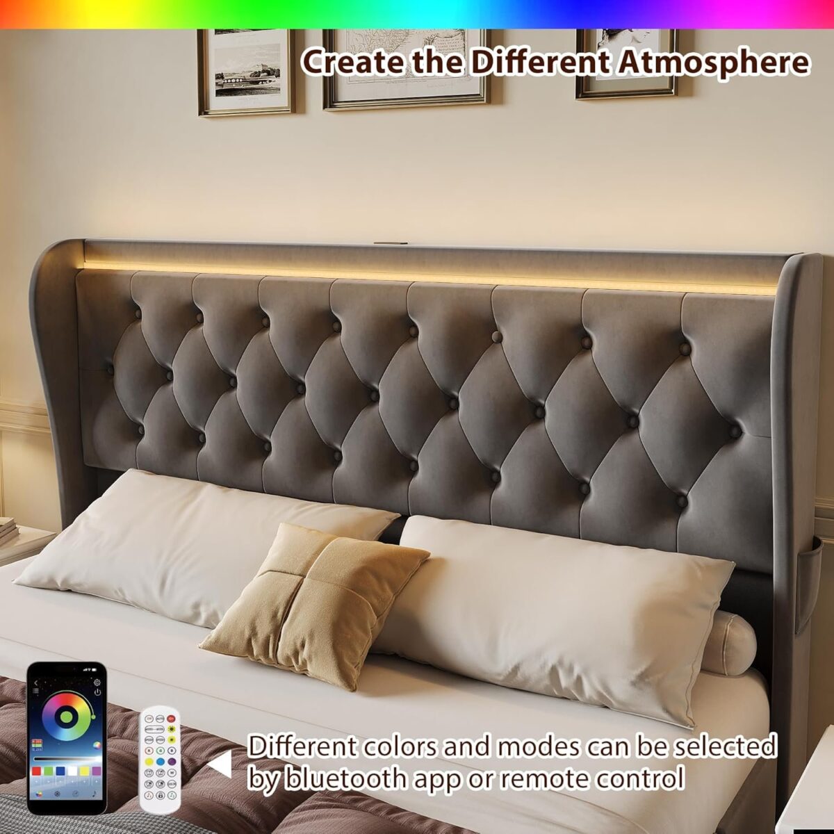 Queen Bed Frame with LED Lights Charging Station, Tall Upholstered Bed Frame with Wingback Headboard