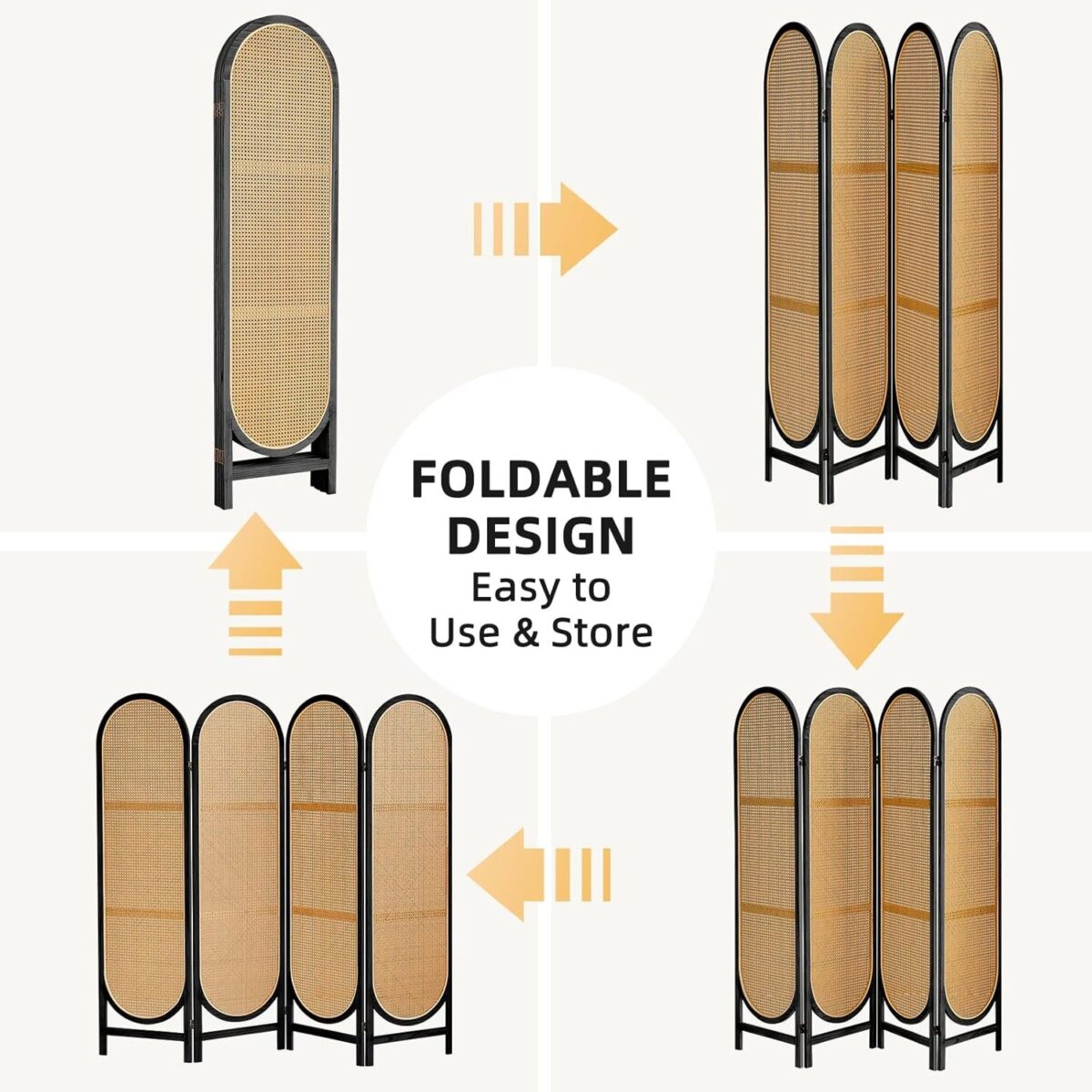 4 Panels Room Divider Wall, Foldable Wooden Room Divider, Individual Privacy Screen Made of Hand-Woven Rattan