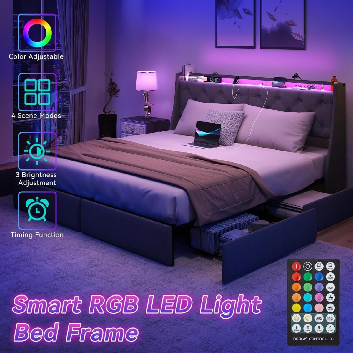 King Size Bed Frame with Storage Headboard, Metal Platform Bed Frame King with 4 Drawer, LED Light, Charging Station