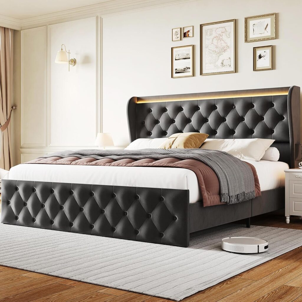 Queen Bed Frame with LED Lights Charging Station, Tall Upholstered Bed Frame with Wingback Headboard