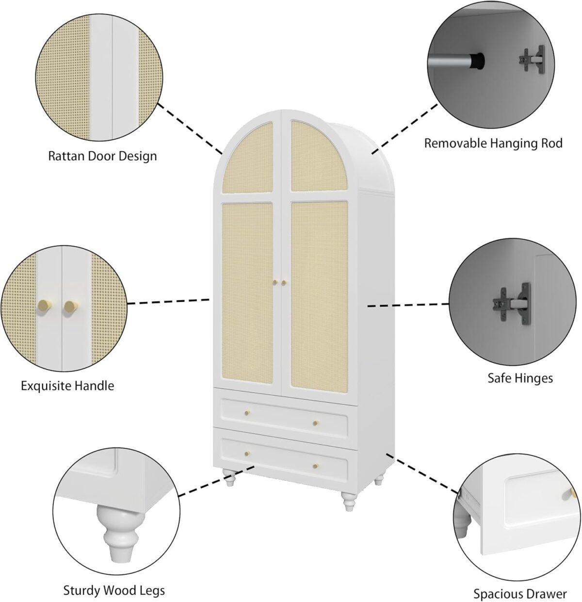Arched Armoire Wardrobe Closet with 2 Rattan Doors, Wooden Wardrobe Closet with 2 Drawers