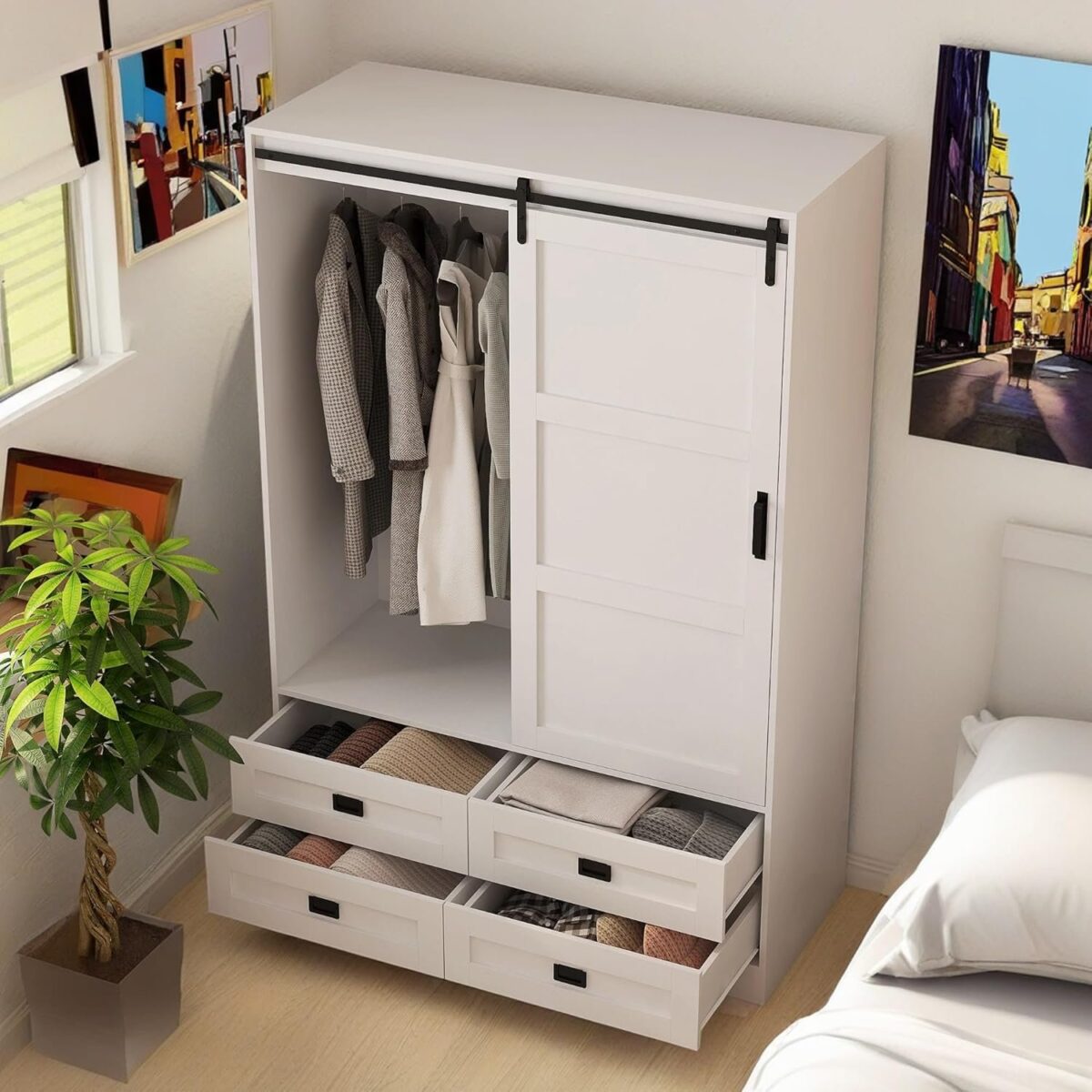 Tall Wardrobe Closet with Barn Door, Wooden Freestanding Armoire w/ 4 Drawers