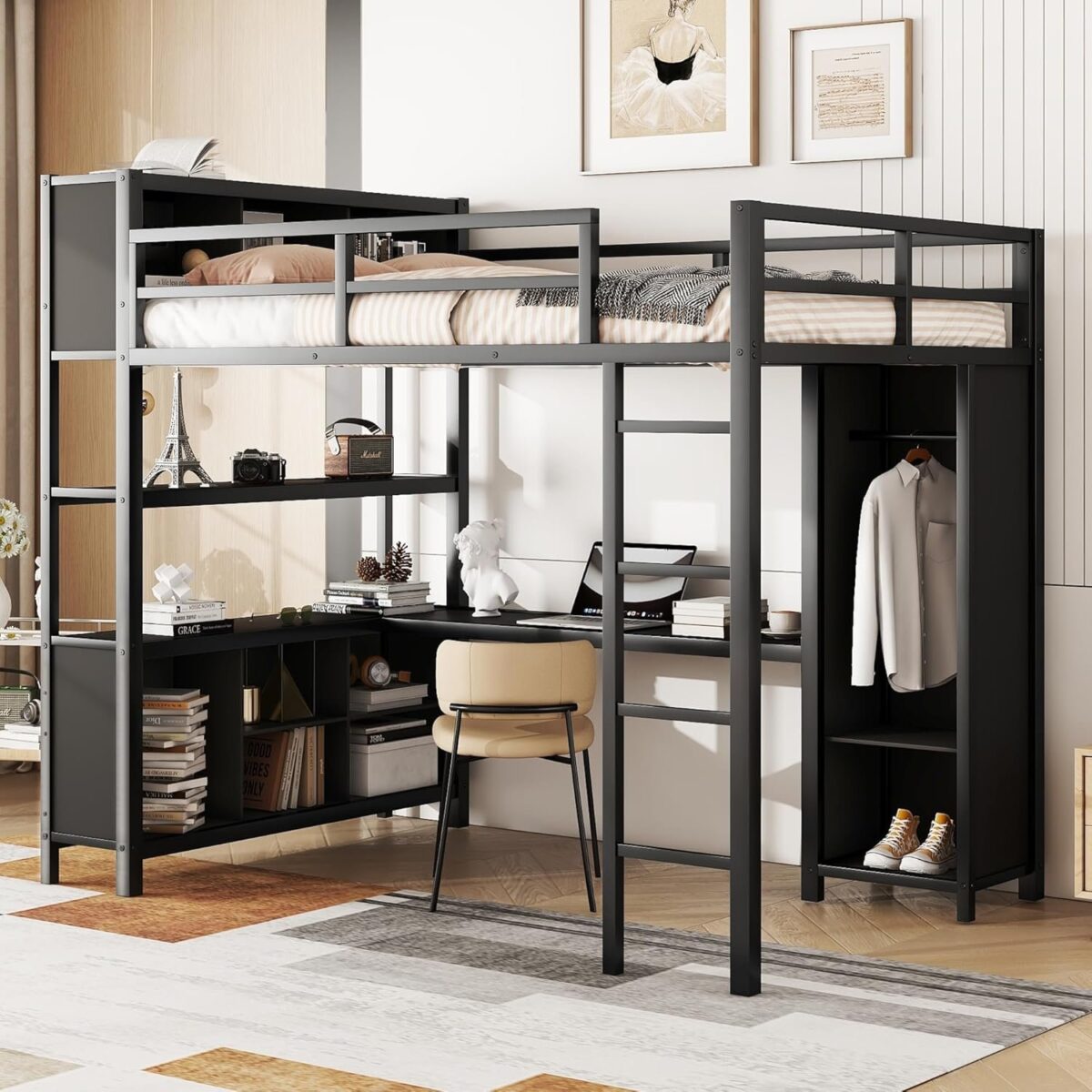 Full Size Metal Loft Bed with Wardrobe and L-Shaped Desk, Heavy Duty Loft Bed