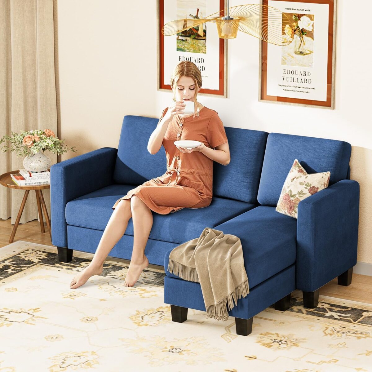 Convertible Sectional Sofa Couch, L-Shaped 3 Seat with Linen Fabric and Movable Ottoman, for Small Apartments