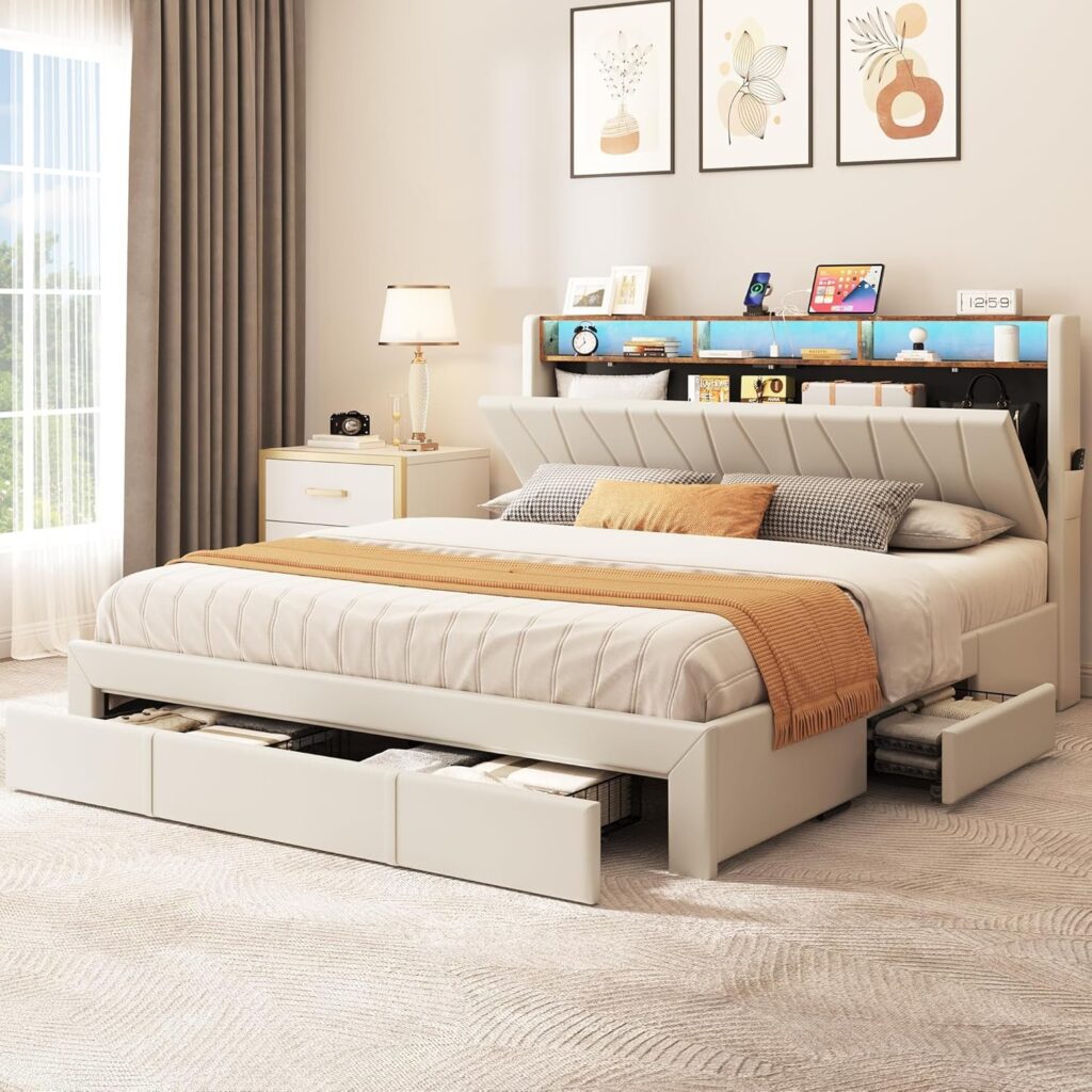 King Size Bed Frame, Storage Bed Frame w/LED Lighting & 4 Drawers, Upholstered Platform Bed Frame with Charging Station