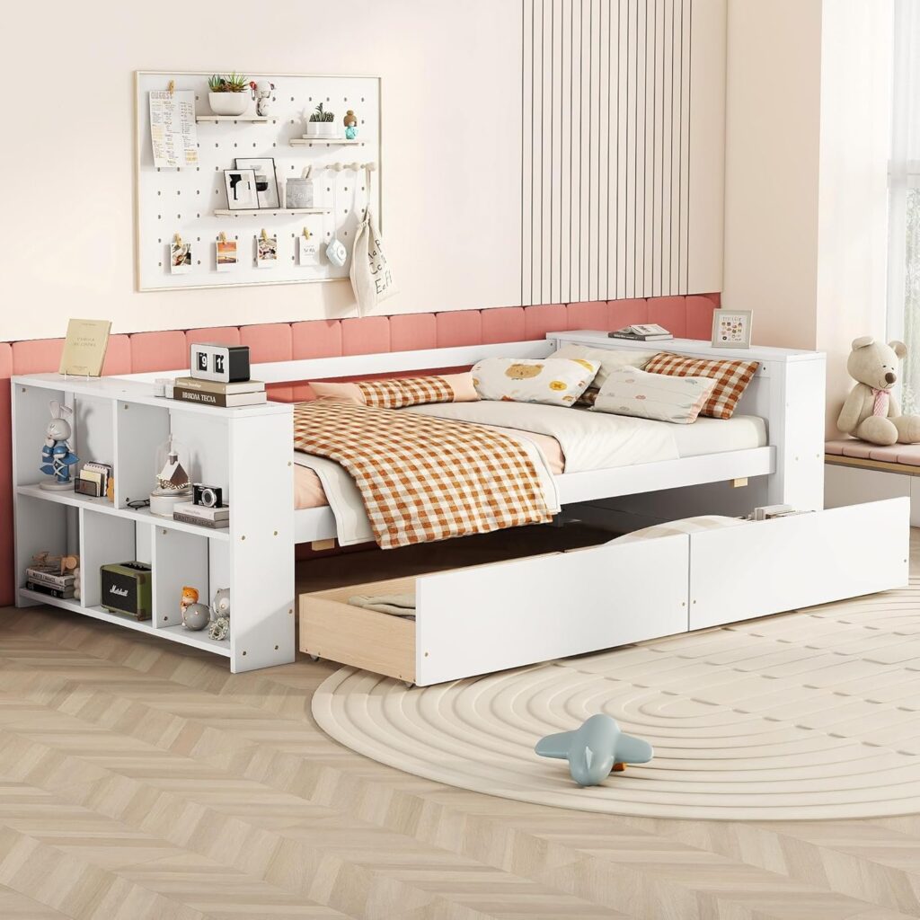 Twin Size Daybed with Storage Drawer and Bookcase, Wooden Captain Bed Corner Bedframe for Living Room